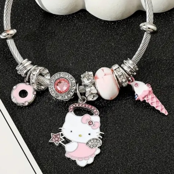 Sanrio Hello Kitty 2pcs Jewelry Set - Chic Pink Rhinestone Necklace & Bracelet, - Picture 4 of 7